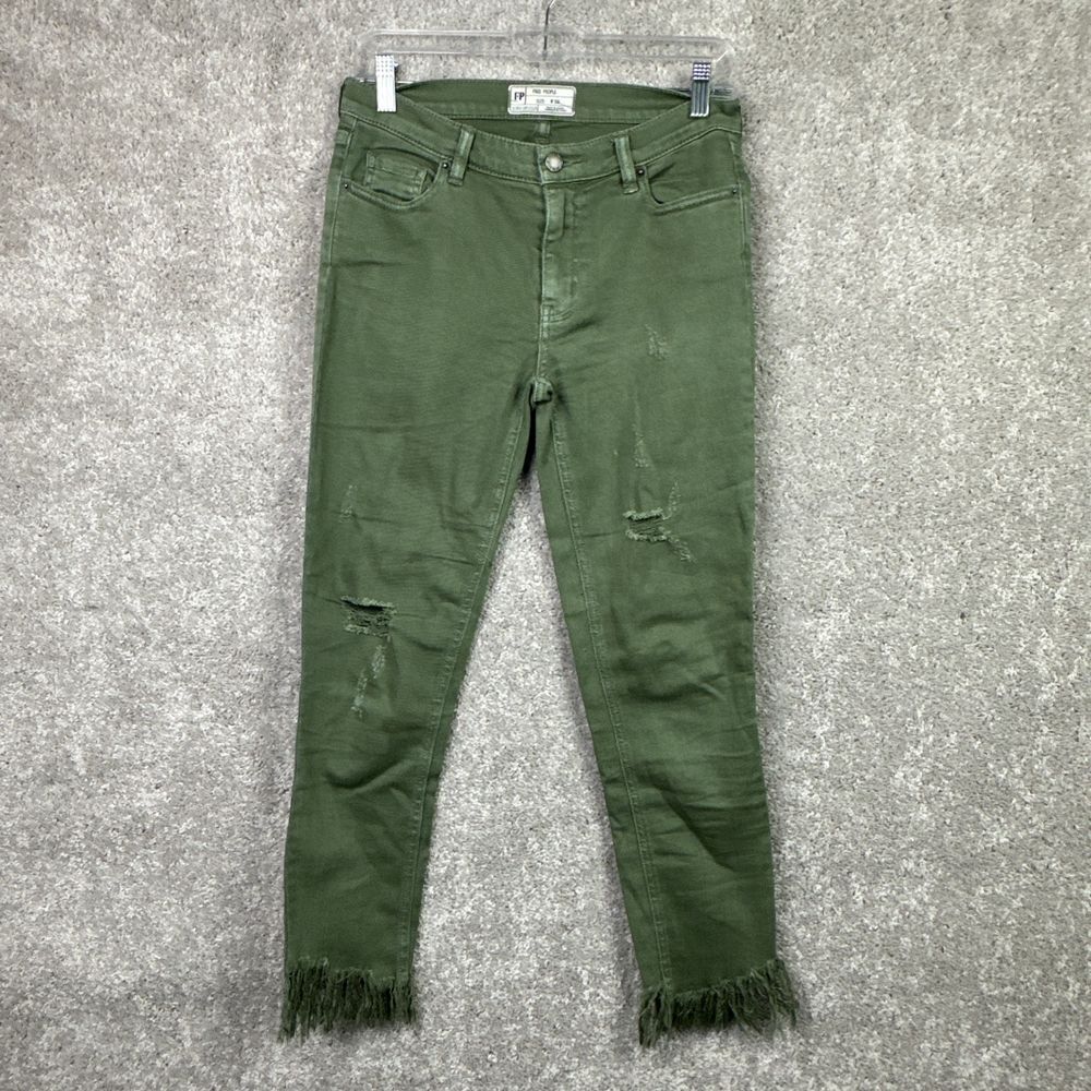 Free People Great Heights Distressed Frayed Hem Skinny Jeans Women Size 25 Green